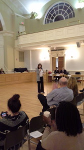 Senator Slossberg speaking at the Milford Forum