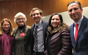 Rep. Lucy Dathan (left) Senator Will Haskell (center) and Senate Majority Leader Bob Duff (far right)